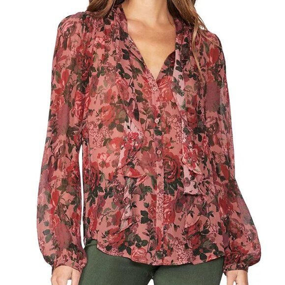 Paige Elynne Floral Tie Neck Blouse in Burgundy Dust Size XS - Picture 1 of 5